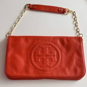Tory Burch Orange Leather Clutch with Gold Chain